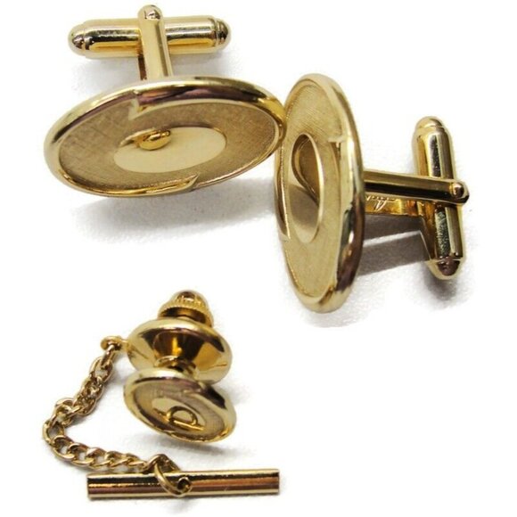 Anson Classic Oval Gold Tone Cufflinks & Tie Tack Set Tux Shirt Dress Suit Vtg - Picture 3 of 8